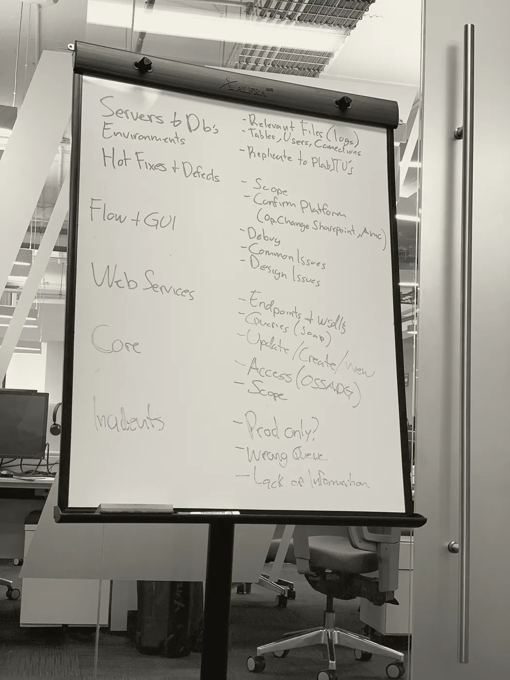 A whiteboard from Vinny Govea's enterprise years, mapping servers, databases, environments, hot fixes, web services and incident triage in marker.