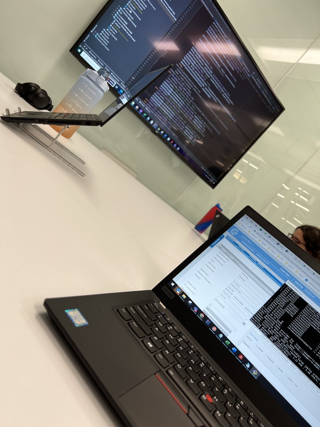A ThinkPad and an external monitor running code during long working sessions.